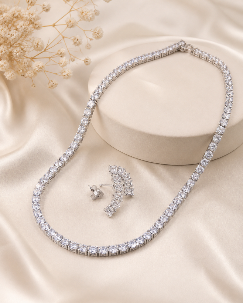 Tennis Necklace & Crystal Leaf Earrings Set for Women