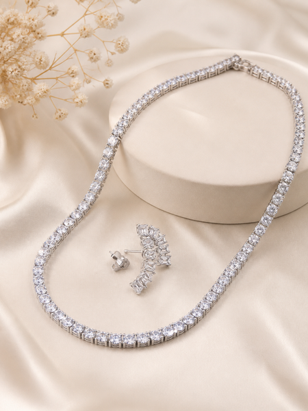 Tennis Necklace & Crystal Leaf Earrings Set for Women