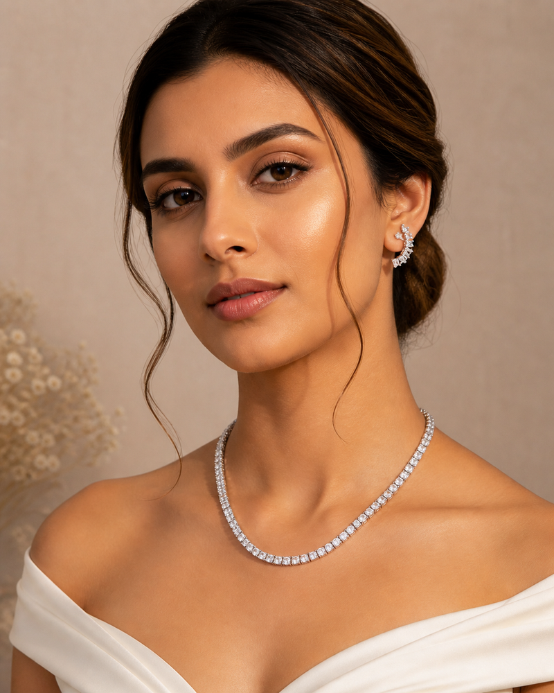 Tennis Necklace & Crystal Leaf Earrings Set for Women