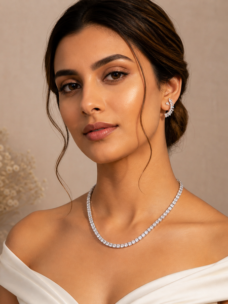Tennis Necklace & Crystal Leaf Earrings Set for Women