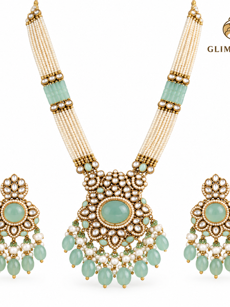 Mint Meher Kundan Pearl Necklace Set