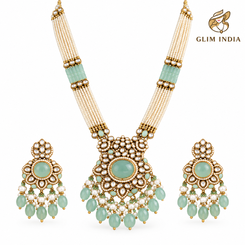 Mint Meher Kundan Pearl Necklace Set