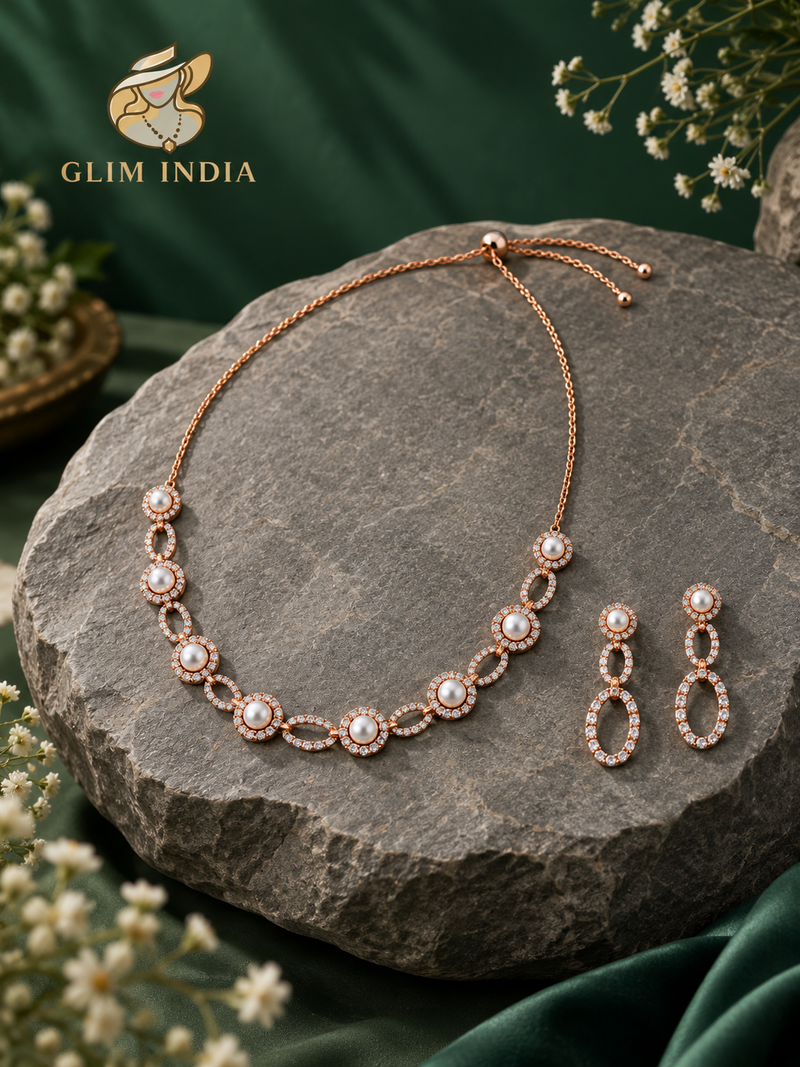 Rosé Pearl Halo Necklace Set