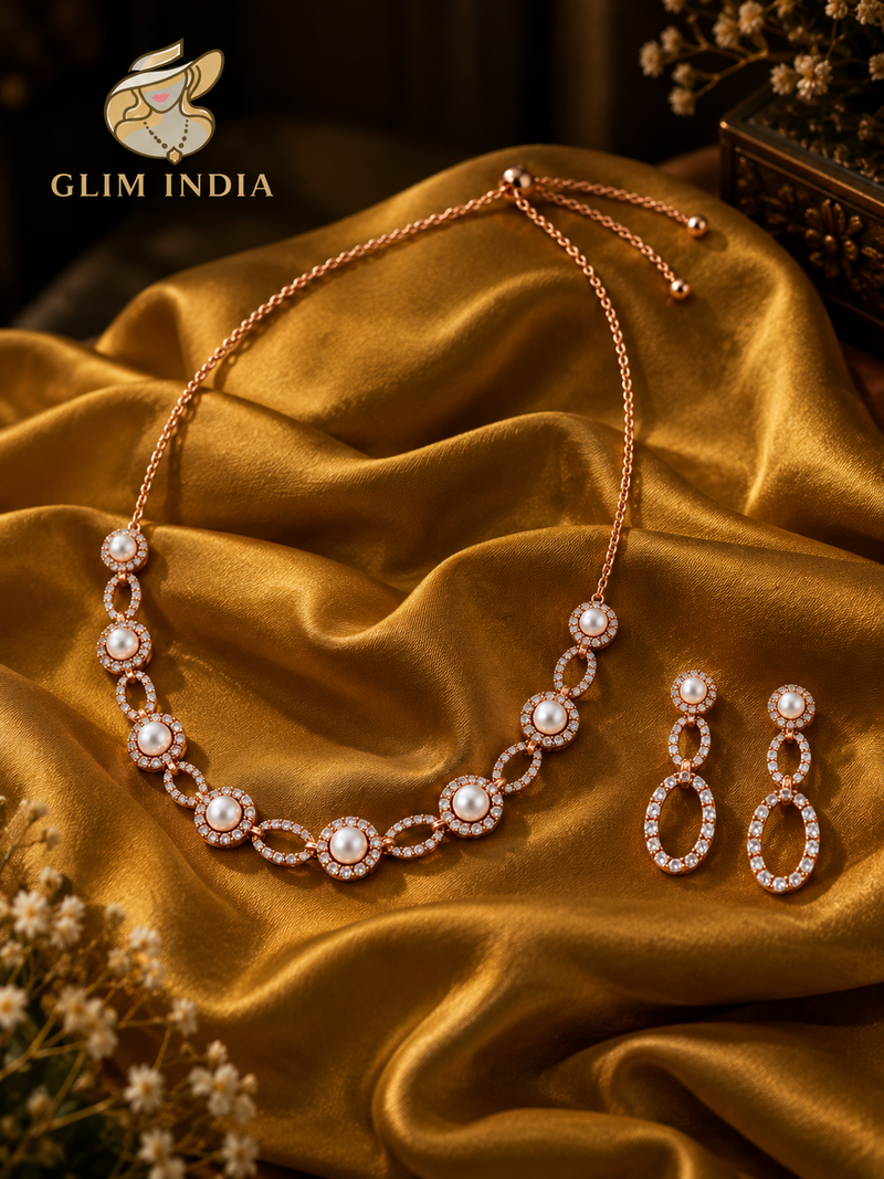Rosé Pearl Halo Necklace Set