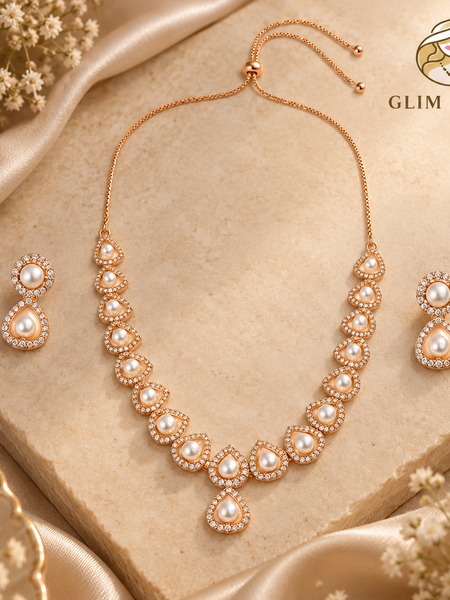 Rose Gold Pearl Teardrop Necklace Set