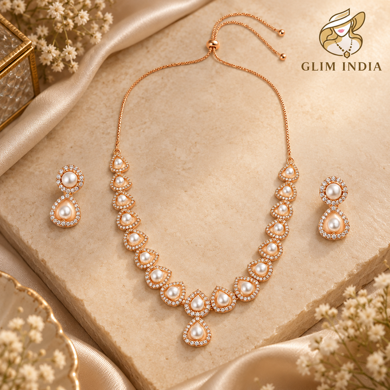 Rose Gold Pearl Teardrop Necklace Set