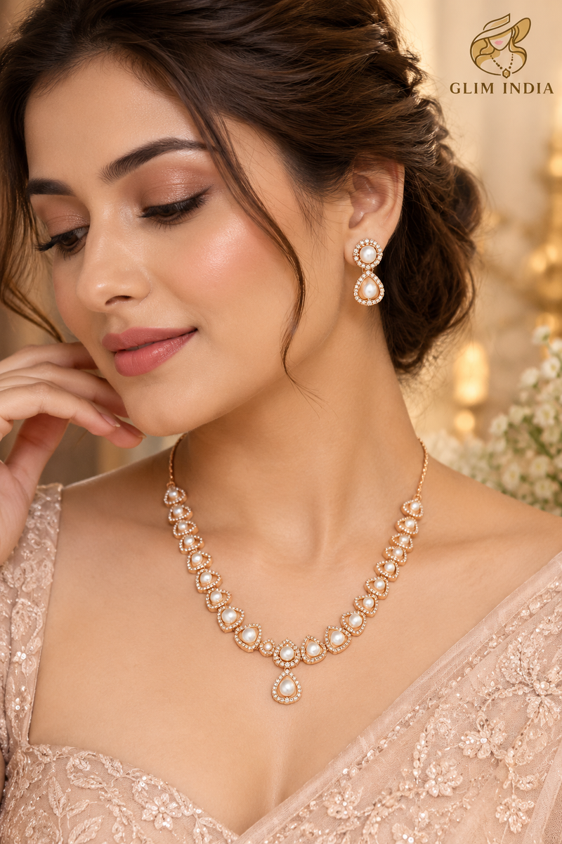 Rose Gold Pearl Teardrop Necklace Set