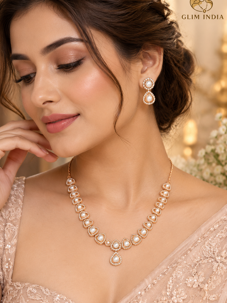 Rose Gold Pearl Teardrop Necklace Set
