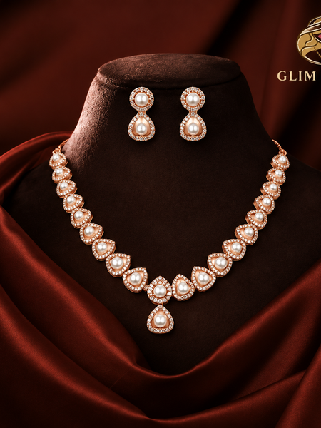 Rose Gold Pearl Teardrop Necklace Set