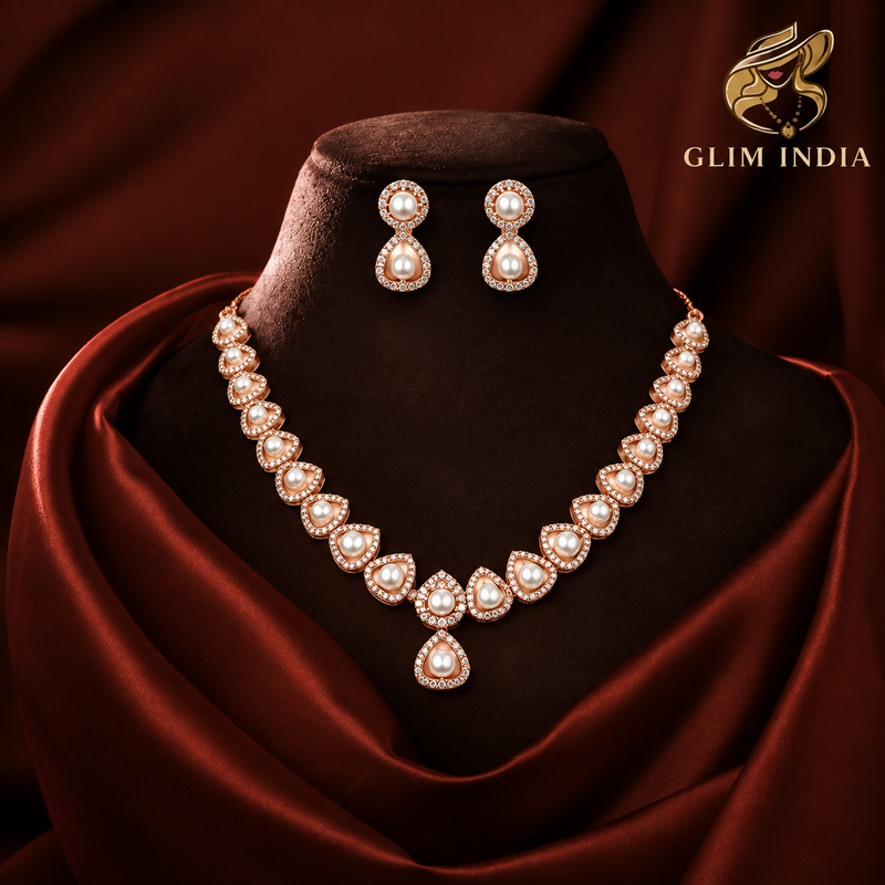 Rose Gold Pearl Teardrop Necklace Set