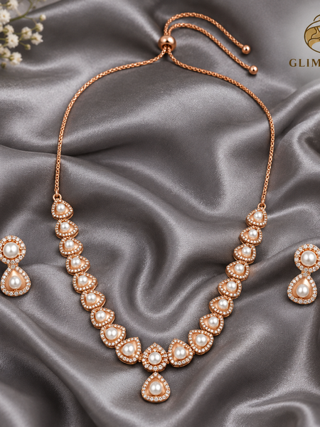Rose Gold Pearl Teardrop Necklace Set