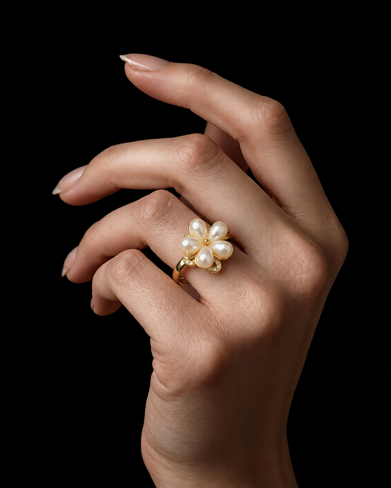 Gold Plated Pearl Flower Ring for Women