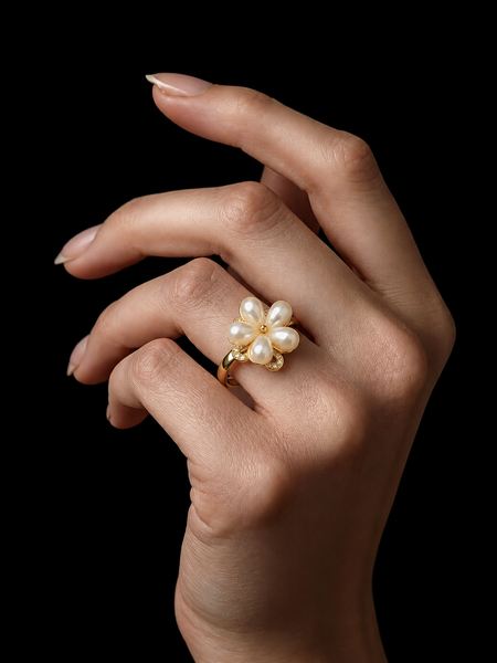 Gold Plated Pearl Flower Ring for Women