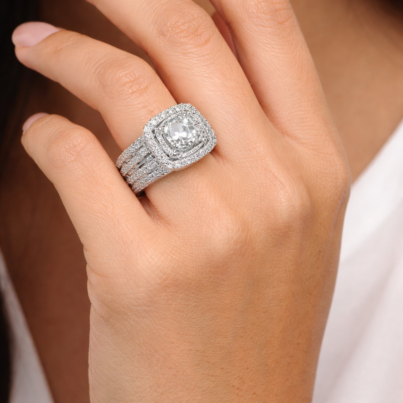 Crystal Halo Statement Ring with Multi-Layer Sparkle Design