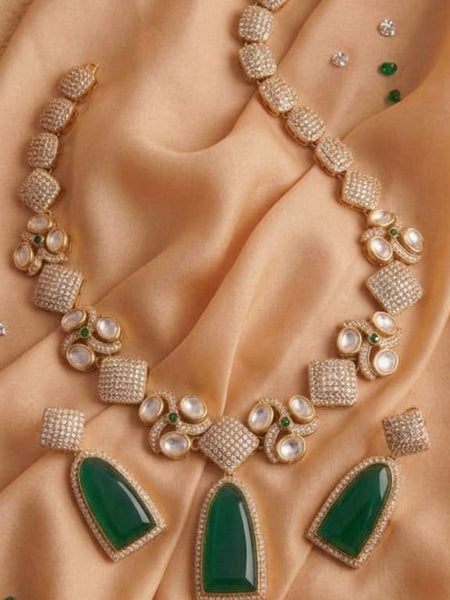 Royal Emerald Green Necklace Set with Style Detailing | Glim India