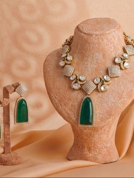 Royal Emerald Green Necklace Set with Style Detailing | Glim India