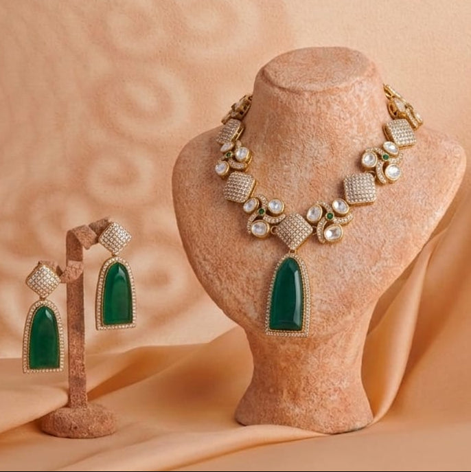 Royal Emerald Green Necklace Set with Style Detailing | Glim India