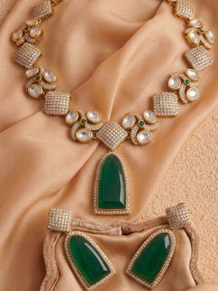 Royal Emerald Green Necklace Set with Style Detailing | Glim India