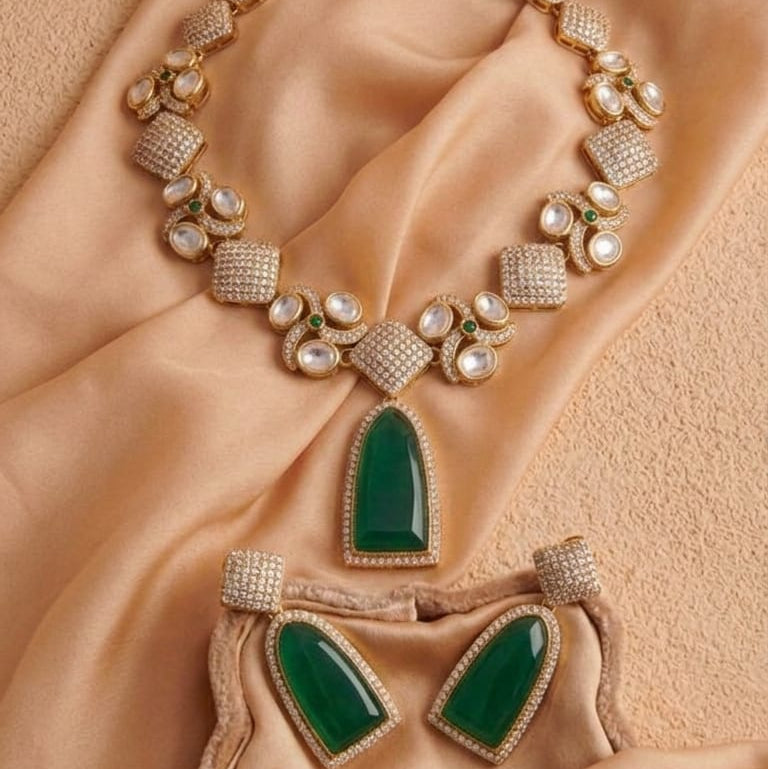 Royal Emerald Green Necklace Set with Style Detailing | Glim India