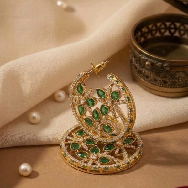 Elegant Plated Round Earrings with Emerald Green Stones & Detailing
