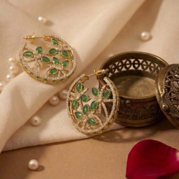 Elegant Plated Round Earrings with Emerald Green Stones & Detailing