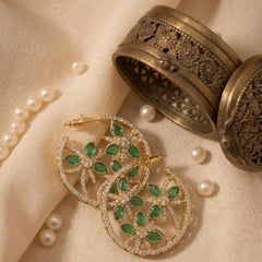 Elegant Plated Round Earrings with Emerald Green Stones & Detailing