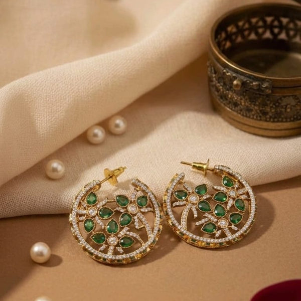 Elegant Plated Round Earrings with Emerald Green Stones & Detailing