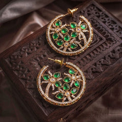 Elegant Plated Round Earrings with Emerald Green Stones & Detailing