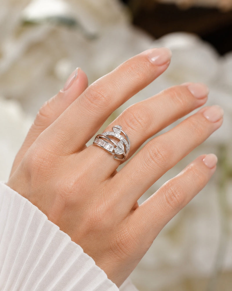 Silver Plated Adjustable Leaf Wrap Ring for Women