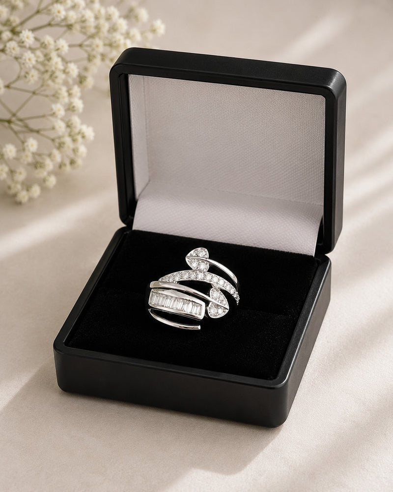 Silver Plated Adjustable Leaf Wrap Ring for Women