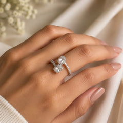 Silver Plated Adjustable Double Emerald Cut CZ Ring for Women