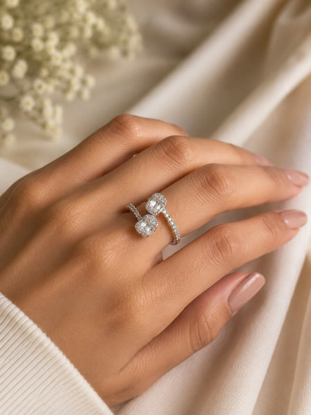 Silver Plated Adjustable Double Emerald Cut CZ Ring for Women