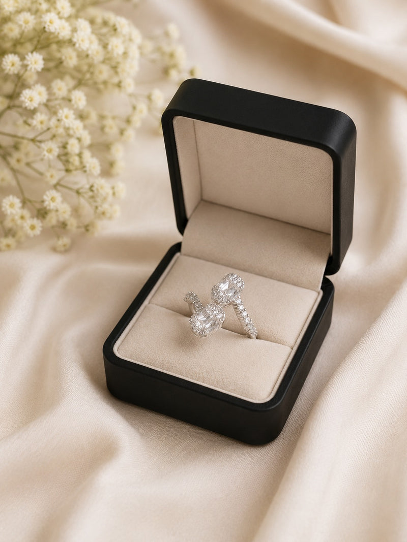 Silver Plated Adjustable Double Emerald Cut CZ Ring for Women