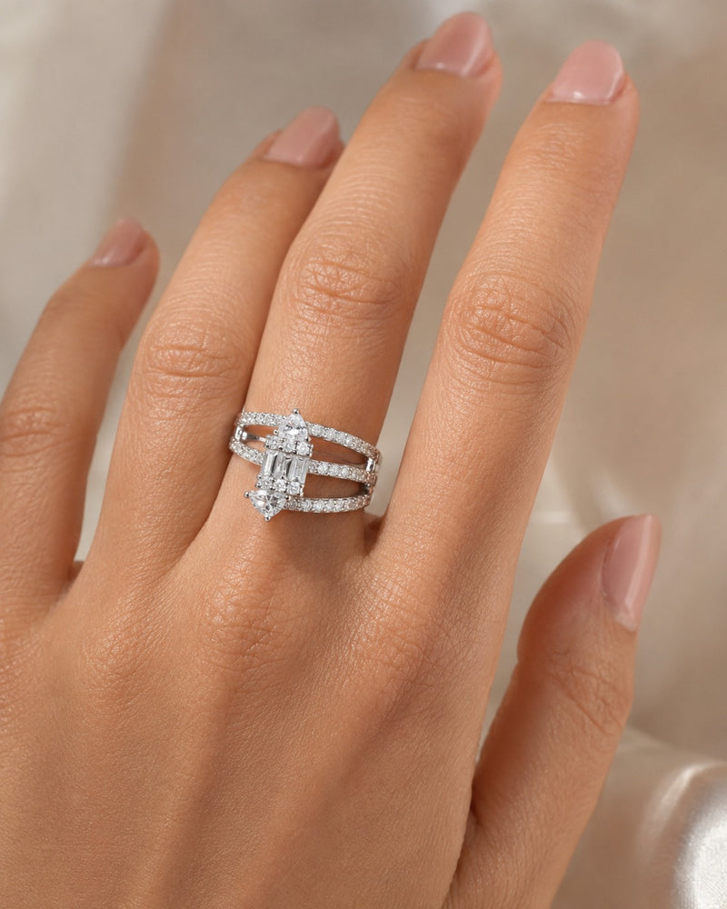 Silver Plated Triple Band Emerald Cut CZ Statement Ring for Women