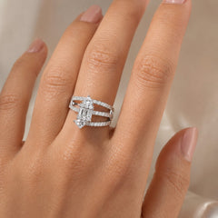 Silver Plated Triple Band Emerald Cut CZ Statement Ring for Women