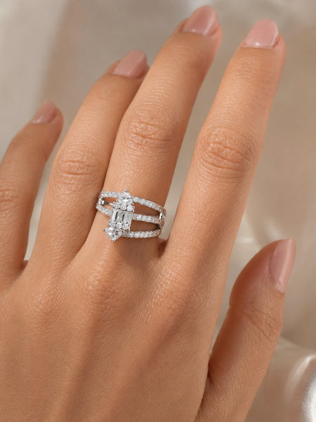 Silver Plated Triple Band Emerald Cut CZ Statement Ring for Women