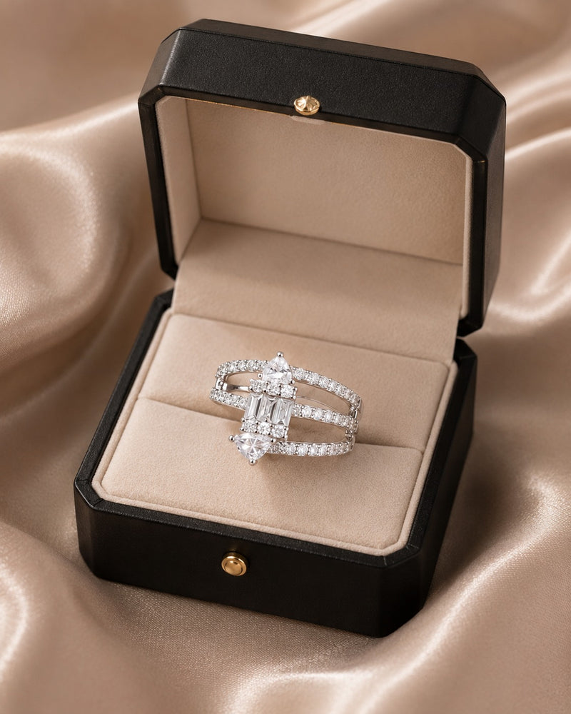 Silver Plated Triple Band Emerald Cut CZ Statement Ring for Women