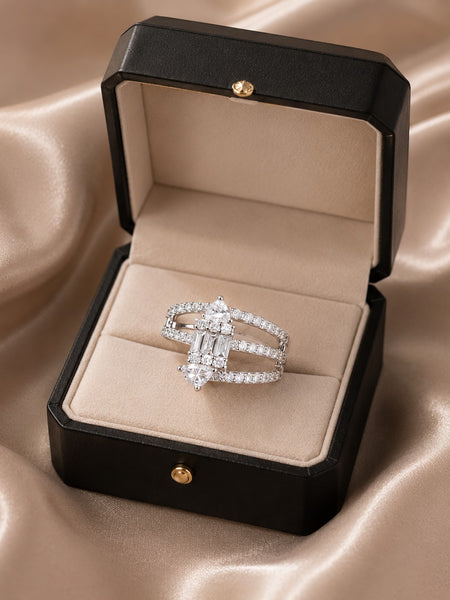 Silver Plated Triple Band Emerald Cut CZ Statement Ring for Women