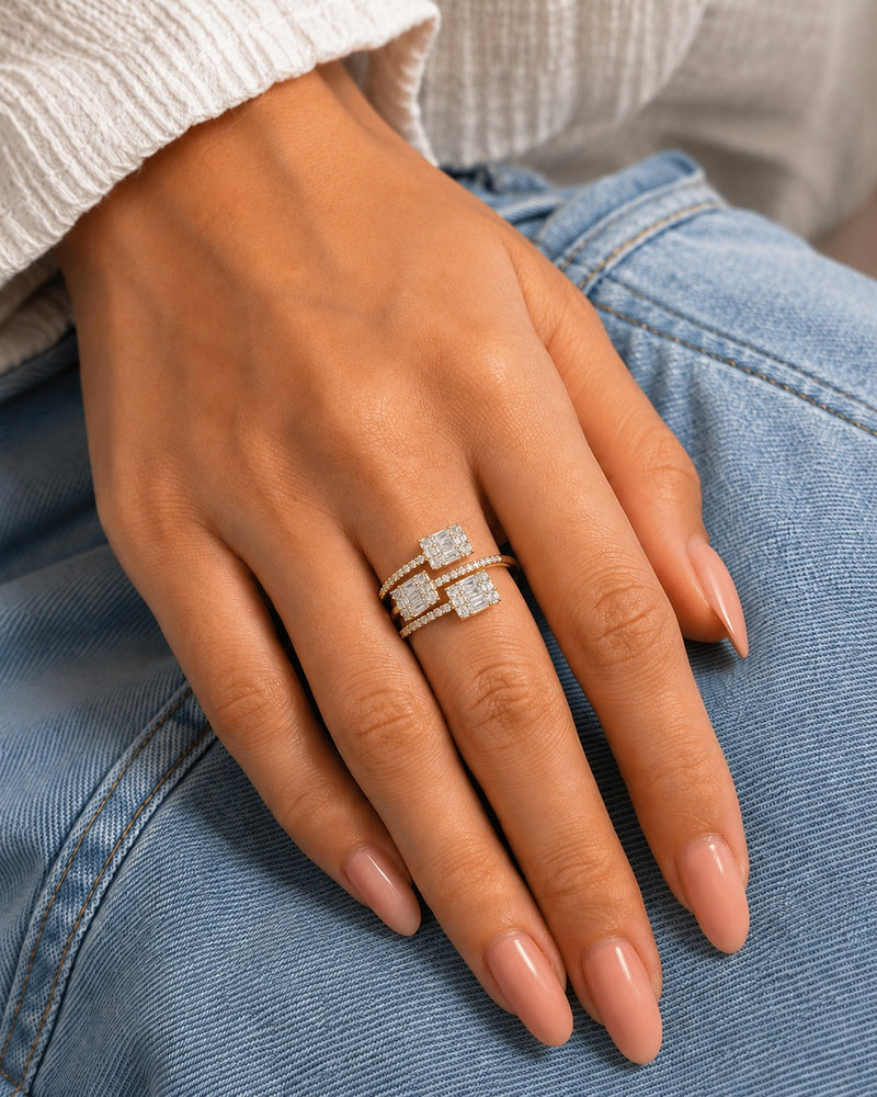 Silver Plated Adjustable Triple Emerald Cut CZ Statement Ring for Women