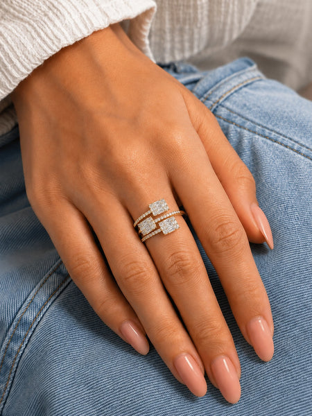 Silver Plated Adjustable Triple Emerald Cut CZ Statement Ring for Women