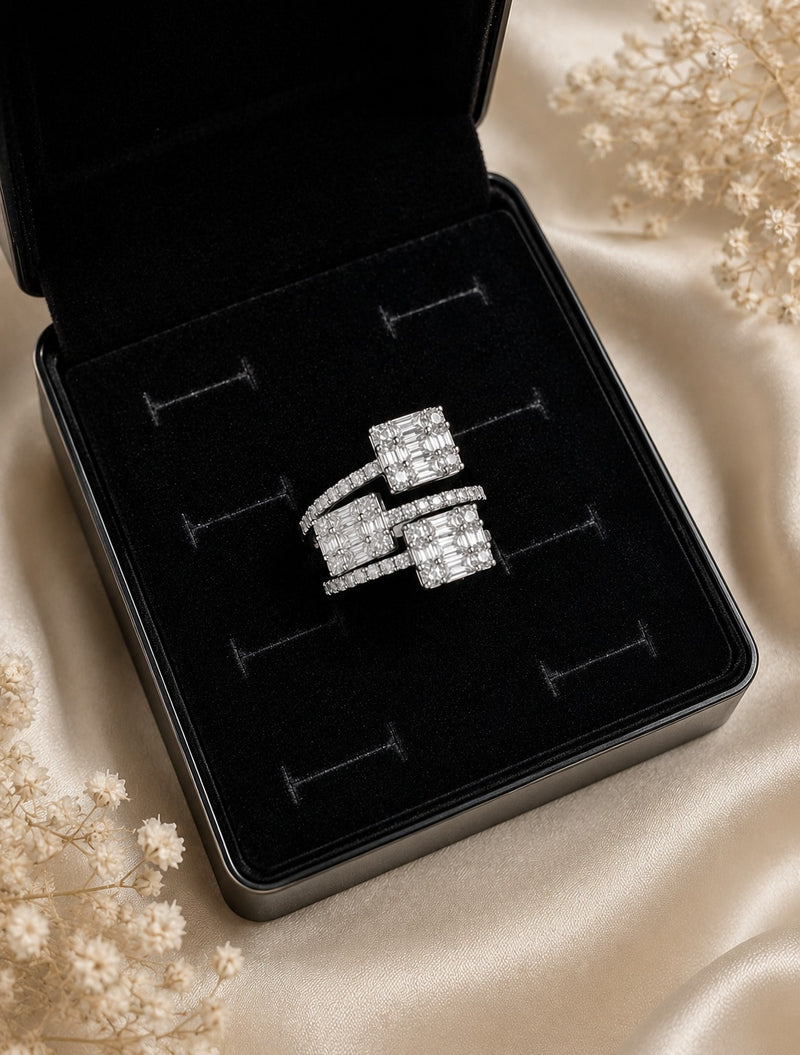 Silver Plated Adjustable Triple Emerald Cut CZ Statement Ring for Women