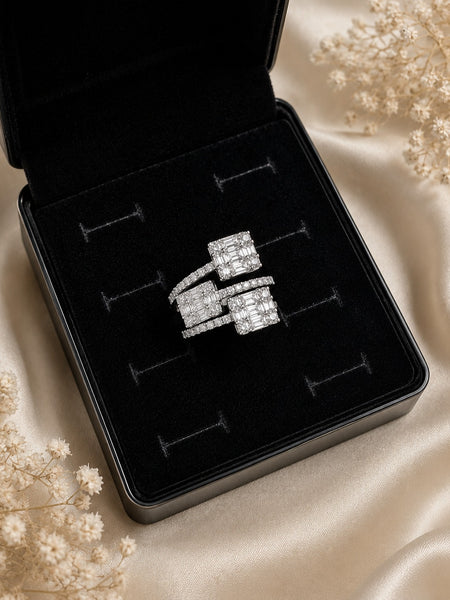 Silver Plated Adjustable Triple Emerald Cut CZ Statement Ring for Women