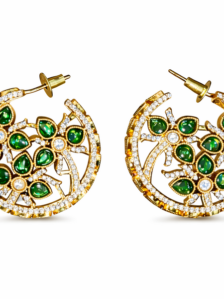 Green Stone Floral Hoop Earrings