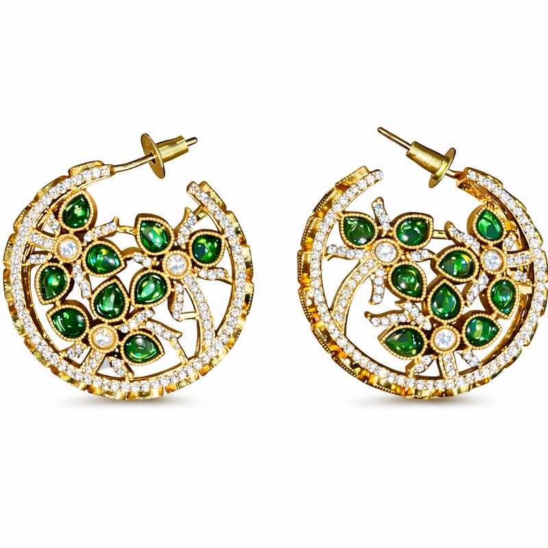 Green Stone Floral Hoop Earrings