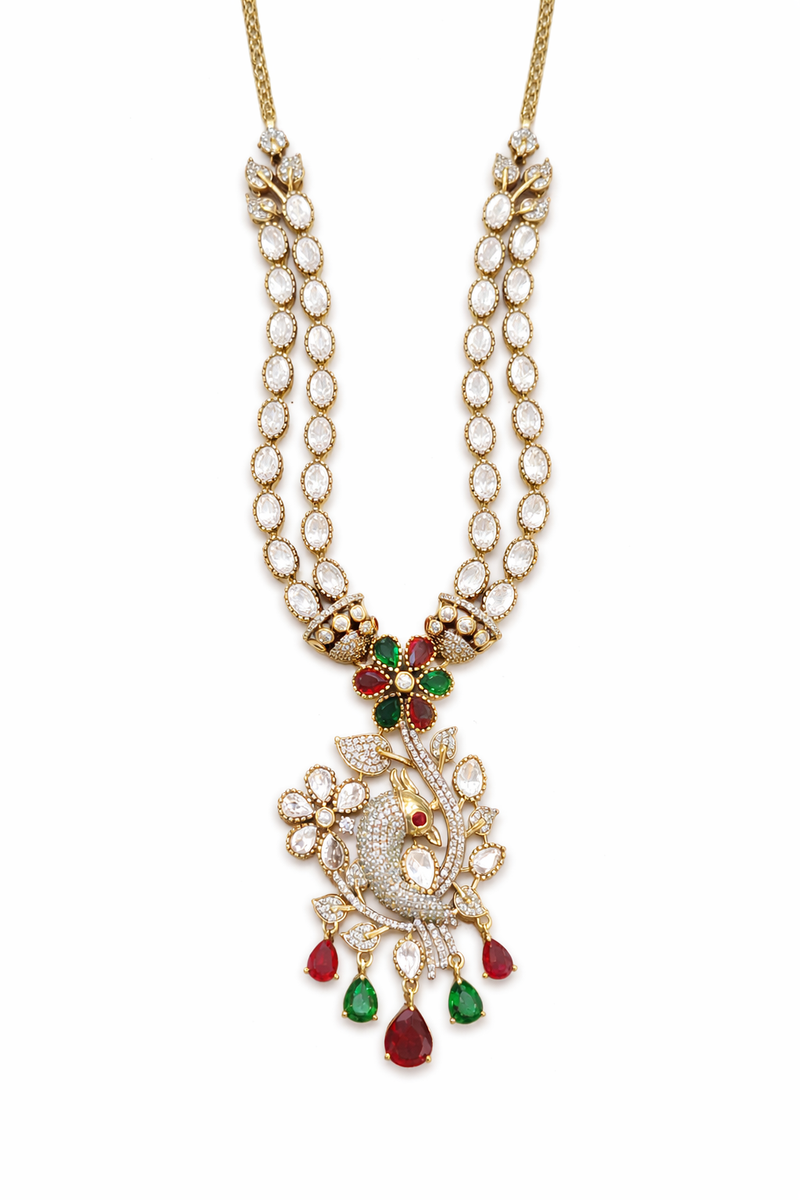 Dual Strand Floral Peacock Pendant Necklace