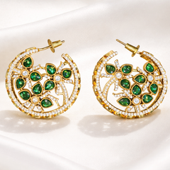 Green Stone Floral Hoop Earrings