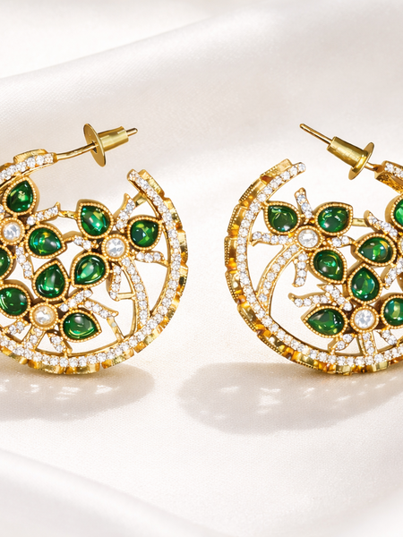 Green Stone Floral Hoop Earrings