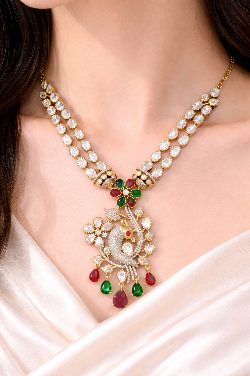 Dual Strand Floral Peacock Pendant Necklace