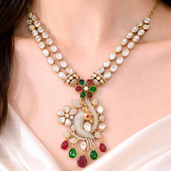 Dual Strand Floral Peacock Pendant Necklace
