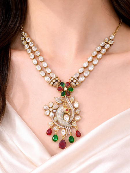 Dual Strand Floral Peacock Pendant Necklace